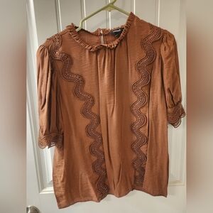 Express Lace Trim Blouse Brown Short Sleeve Boho Top Size L
